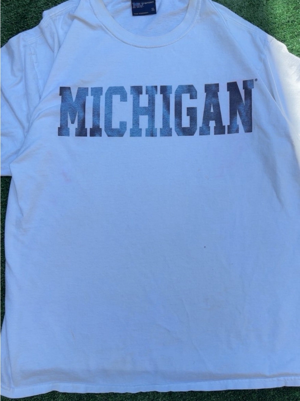 MV Sport White Short Sleeve Tee with Navy Michigan Print